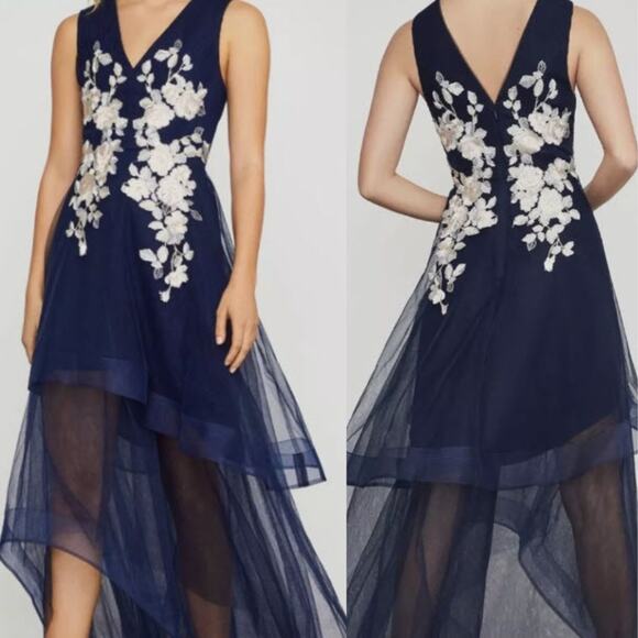BCBGMAXAZRIA Asymmetrical Formal Gown With Floral Applique Navy Size 12 - Picture 1 of 9